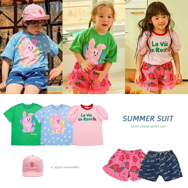T-shirt d'été pour enfants, en coton, à feuilles, bleu, garçon, Denim, Rose, dentelle, short pour fille, 220607