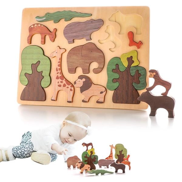 Jouets en bois pour enfants Montessori Animal Puzzle Puzzle Childrens Cognition Animal Building Blocage Empilement des premières jeux d'éducation 240522