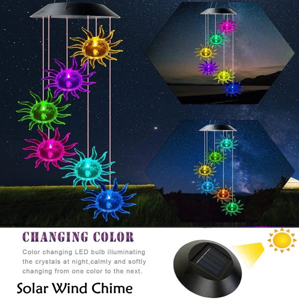 Carillons éoliens solaires en tournesol, lumière changeante de couleur, crochet en S pour Patio, cour, jardin, chambre à coucher, décor