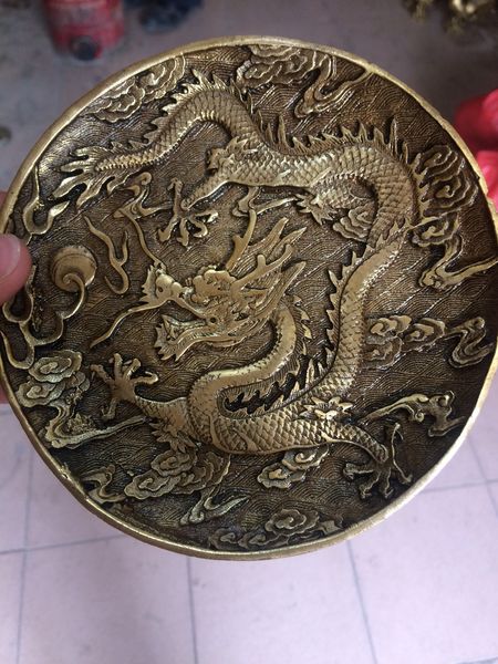 China antiguo bronce latón artesanía hogar escritorio Oficina decoraciones fengshui dragón estatua tótem plato placas