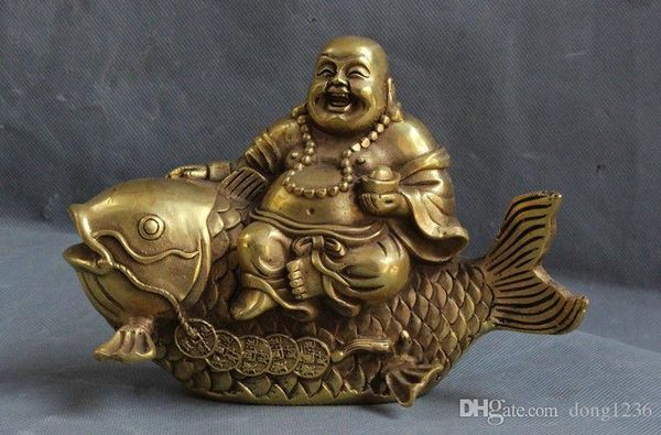 China Brass Yuan bao riqueza Happy Laugh Maitreya Buddha Ride Fish Estatua