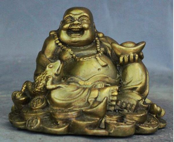 China Bronce Sapo dorado Spittor Feliz riendo Maitreya Buddha Riqueza Estatua