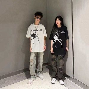 Chine-chic américain High Street Spider T-shirt à manches courtes femmes été surdimensionné Couple demi-vêtements