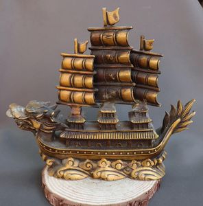 China chino Fengshui latón dragón pabellón barco barco llano vela estatua