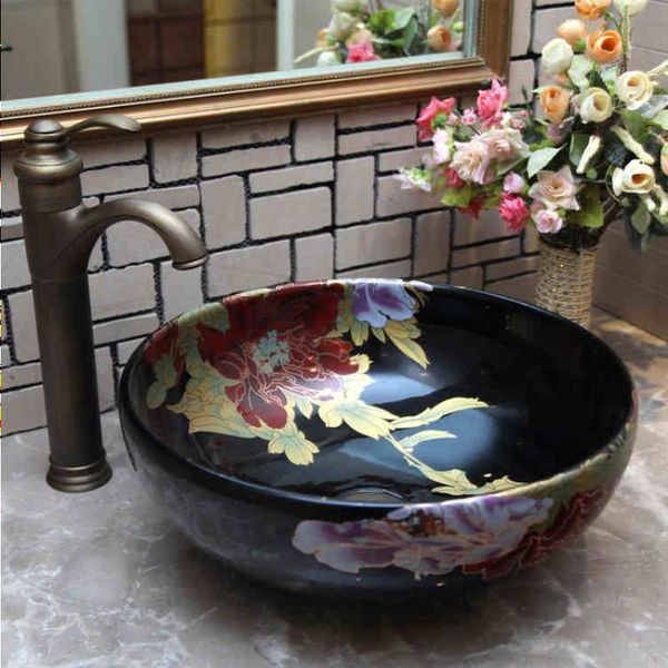 Lavabo de cerámica de flor antigua con pintura clásica de China, lavabos de porcelana pintados a mano, lavabos de baño Vmjmc