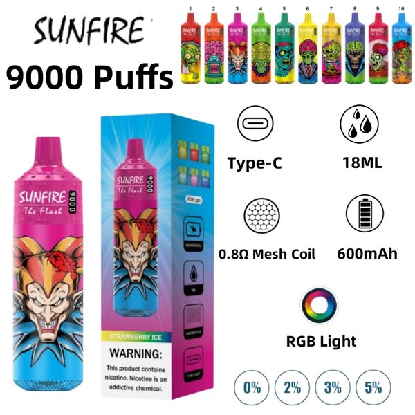 China Drop Shipping Wholesale I Rechargeable Disposable Puffs Zero 20mg 50 mg Boîte de résistance Pen Sunfire Vape 9k 10k Puffs Bar