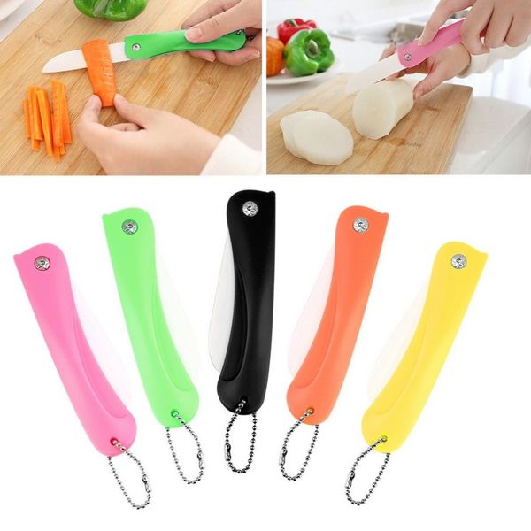 China Cuchillo de cerámica Ceram plegable Cuchillos de regalo Cuchillos plegables de cerámica de bolsillo Parer de pelado de frutas y verduras de cocina con mango de ABS colorido