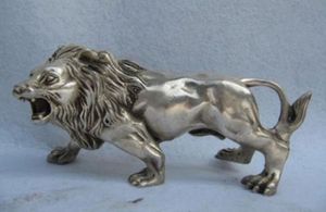 Chine Folk raffiné cuivre blanc argent félin animal féroce mâle lion Statue