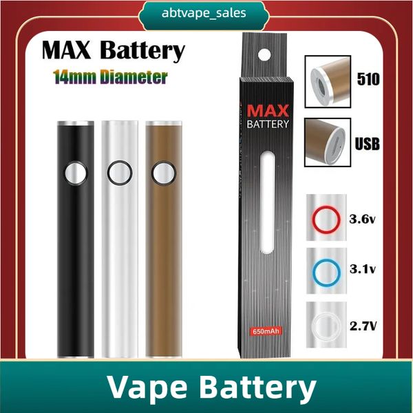 Chine Batterie maximale d'origine Batteries de cartouche de 14 mm de diamètre 650 mAh Préchauffer le stylo vape VV à tension variable pour 510 chariots avec passage USB Prix direct d'usine