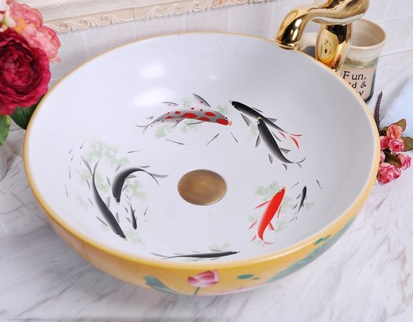Chine peinture de peinture de peinture céramique peinture art lavabo bulletin de salle de bain buvez-vous rond couvre-bassin profond