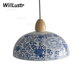 Lámpara colgante china de porcelana azul y blanca, lámpara colgante para restaurante, tienda, oficina, loft, comedor, cerámica hecha a mano273n