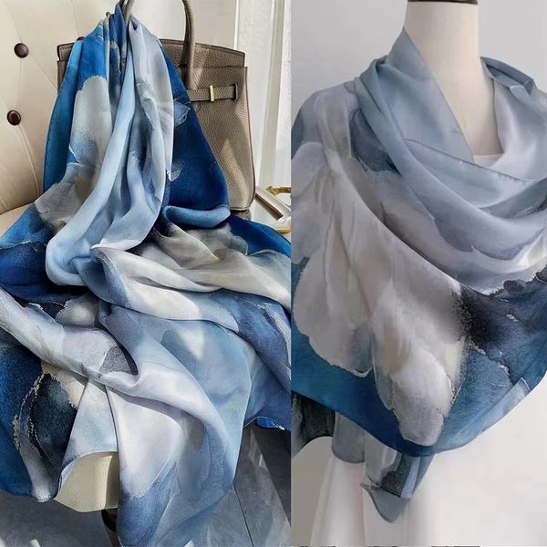 Chine style bleu blanc 100% fleur de soie écharpe châle dufanda dufanda hiver swarves hijabs marque de mode écharpe en soie 240418