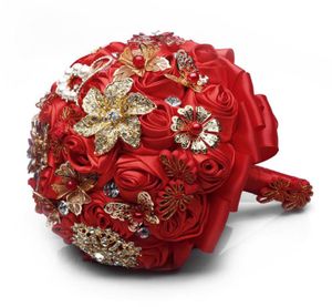 Chine Style Rouge Satin Fleurs Bouquets De Mariée Broche En Cristal Demoiselle D'honneur Tenant Des Fleurs À La Main 2019 Manuel Bouquet57848815031603