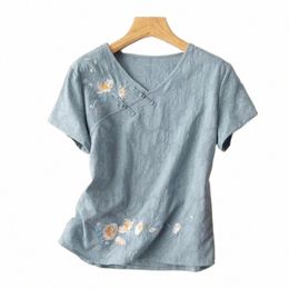 China Stijl Lente Zomer Afdrukken T-shirt Losse Top Oosterse Vrouwelijke Kleding Chinese Blouses voor Vrouwen Retro Cott Linnen Shirt z0Bi #