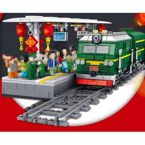 Transporte de China, estación de Shanghai, Kits de tren verde, modelo de pasajeros, juguete de bloques de construcción para niños
