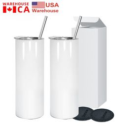 Chine USA CA entrepôt en acier inoxydable droit 20 oz gobelet blanc de sublimation tasses de voiture avec paille en plastique et couvercle bouteilles d'eau isolées