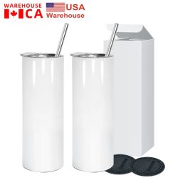 Chine USA entrepôt en acier inoxydable droit 20 oz gobelet blanc de sublimation tasses de voiture avec paille en plastique et couvercle bouteilles d'eau isolées