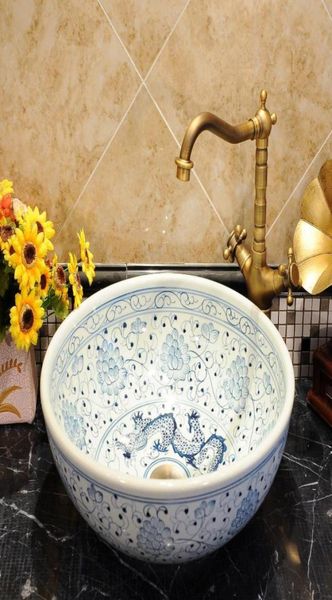 Fregaderos de cerámica antiguos chinos, lavabo de porcelana, lavabo de encimera de cerámica, lavabos de baño, lavabo azul y blanco 1909038
