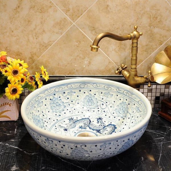 Éviers en céramique antiques chinois lavabo en porcelaine lavabo en céramique lavabo lavabos lavabo bleu et blanc bassin2098