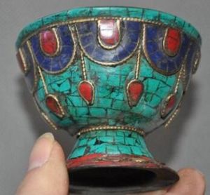 Bol à thé Antique chinois avec incrustation en bronze du vieux Tibet, lapis lazuli, turquoise