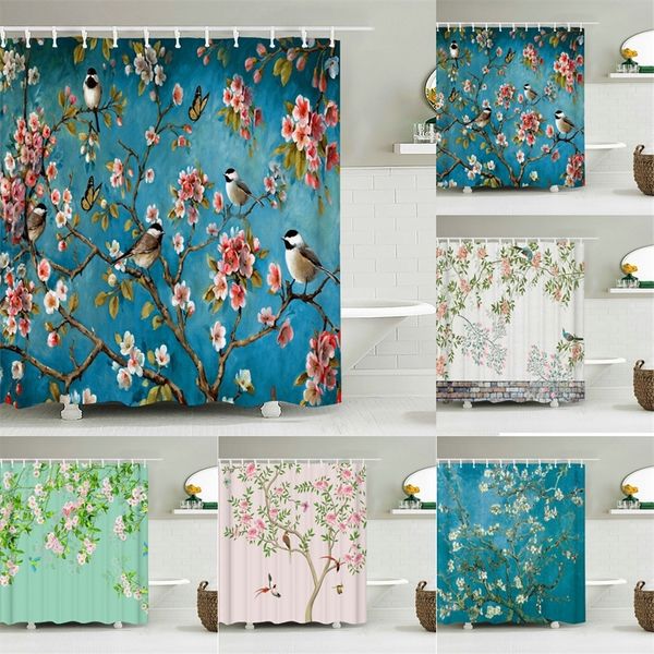 Rideaux de douche dégradés d'oiseaux chinois, pour salle de bain, plantes de paysage, tissu imperméable vert, décor de bain en Polyester, 180x180cm, 220517