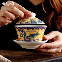 Thé en porcelaine bleu et blanc chinois Tureen Fleurs de couleur céramique gaiwan peint à la main tasse de thé à la maison Drinkware décor artisanat