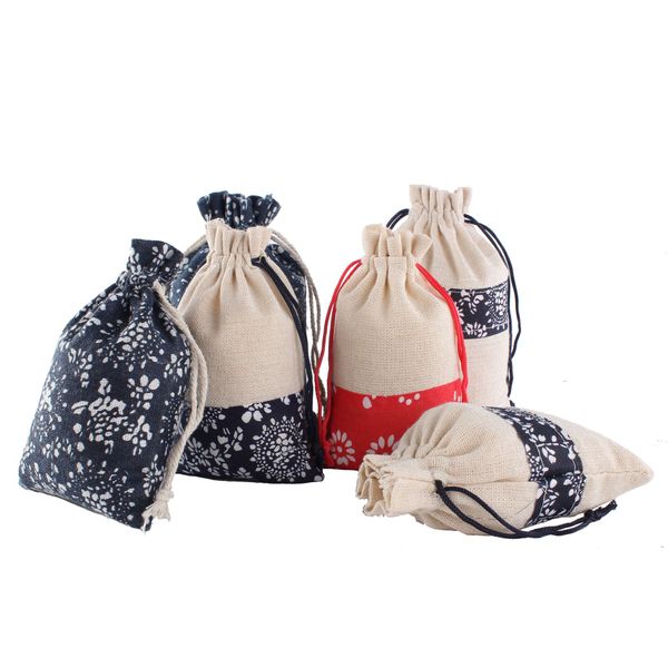 Poche en coton en porcelaine bleue et blanche chinoise, sacs à cordon, sac cadeau, pochette à bijoux, emballage en tissu de lin avec sac de rangement à cordon