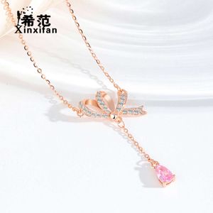 Chinese merk puur zilveren strikketting met kwastjes, waterdruppels, roze diamanten, dames Instagram, zomerniche, lichte luxe, hoogwaardige sleutelbeenketting