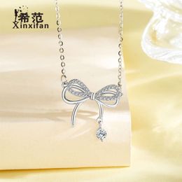 Collar de diamantes con tachuelas de lazo de doble capa de plata pura de marca china para mujeres Collares, temperamento simple y lujoso, cadena de clavícula, versátil para mujeres