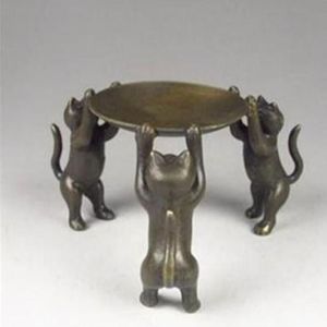 Plaque en Bronze chinois chats animaux 3 chat lampe à huile bougeoir chandelier statue252O