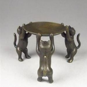 Chinese Bronzen Plaat Katten Dier 3 Kat olielamp Kaarshouder Kandelaar standbeeld278B