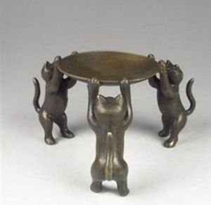 Plaque en Bronze chinois chats animaux 3 lampe à huile chat bougeoir chandelier statue 3629009