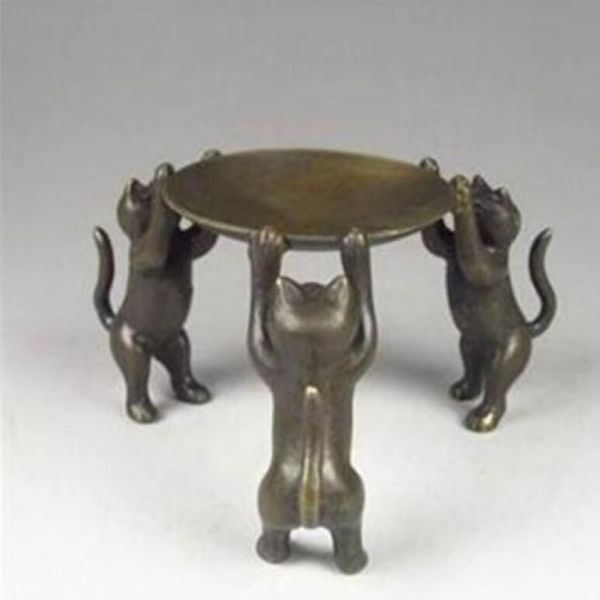 Plaque en Bronze chinois chats animaux 3 chat lampe à huile bougeoir chandelier statue2103