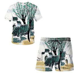 Chinese borstel schilderen Zomer Mannen Trainingspak 3D Gedrukt T-Shirt Sport Shorts Pak Casual Korte Mouw Korte Broek 2 Delige Set 220624