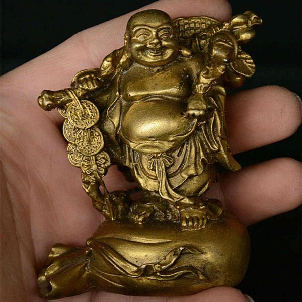 Budismo chino Cobre Bronce Happy Laugh Maitreya Buddha Coin Bag Ruyi Estatua Estatuas para decoración Colección Adornos