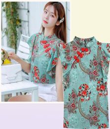 Chinois Cheongsam Style femmes chemise en mousseline de soie florale été Blouse volants manches courtes dessus de chemise Blusas A3252 2105197720282