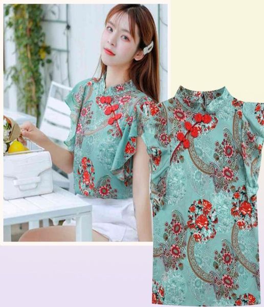 Camisa de gasa Floral estilo Cheongsam chino para mujer, blusa de verano con volantes, camisas de manga corta, Blusas A3252 2105197720282
