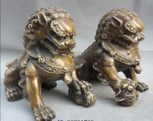 Chinese China Folk Koperen Deur Fengshui Bewaker Foo Fu Hond Leeuw Standbeeld Pair344K