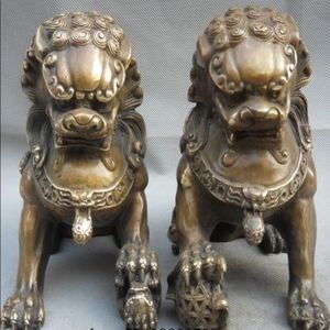 Chinese China Folk Koperen Deur Fengshui Bewaker Foo Fu Hond Leeuw Standbeeld Pair174S