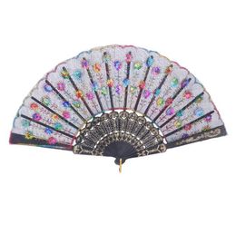 Chinese Klassieke Dans Opvouwbare Fan Party Favor Elegante Kleurrijke Geborduurde Bloem Pauw Zijden Doek Handfan