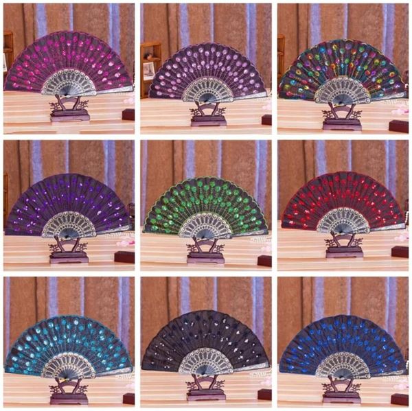 Chinois Classique Danse Pliant Fan Party Favor Élégant Coloré Brodé Fleur Paon Motif Paillettes Femelle En Plastique De Poche Fans Cadeaux De Mariage i0831