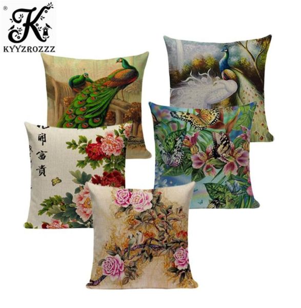 Fundas de cojines decorativas con flores de pavo real clásicas chinas, funda de almohada colorida de lino con diseño de pavo real para sofá, asiento de coche, textil 1464958