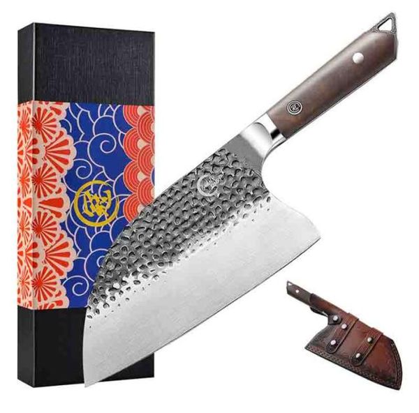 Cuchillo de cuchilla chino forjado a mano 5cr15mov, hoja de acero inoxidable, cuchillos de cocina para Chef, vaina de cuero para acampar, barbacoa, cocinar y picar 3975511