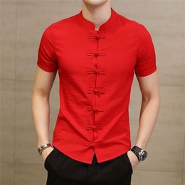 Chemise à col chinois pour hommes, coupe cintrée, bouton grenouille, mode coréenne, manches courtes, chemise élégante d'été, rouge noir X0234I