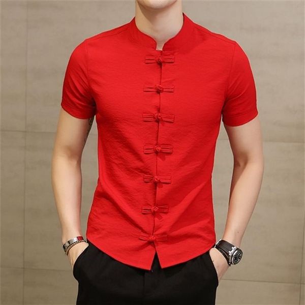 Chemise à col chinois pour hommes, coupe cintrée, bouton grenouille, mode coréenne, manches courtes, chemise élégante d'été, rouge noir X0282T