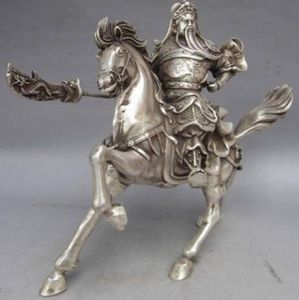 Statue de cheval chinois à collectionner en argent du Tibet, dieu guerrier Guan Yu