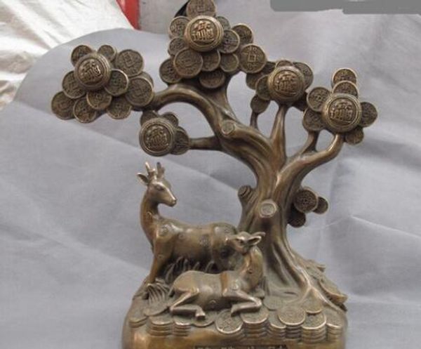 Statue d'arbre d'argent en cuivre chinois Feng shui, richesse porte-bonheur, deux cerfs Sika