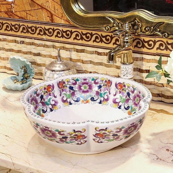 Chinois comptoir évier lavabo art lavabo peint à la main porcelaine céramique salle de bain lavabo qté Cqlha