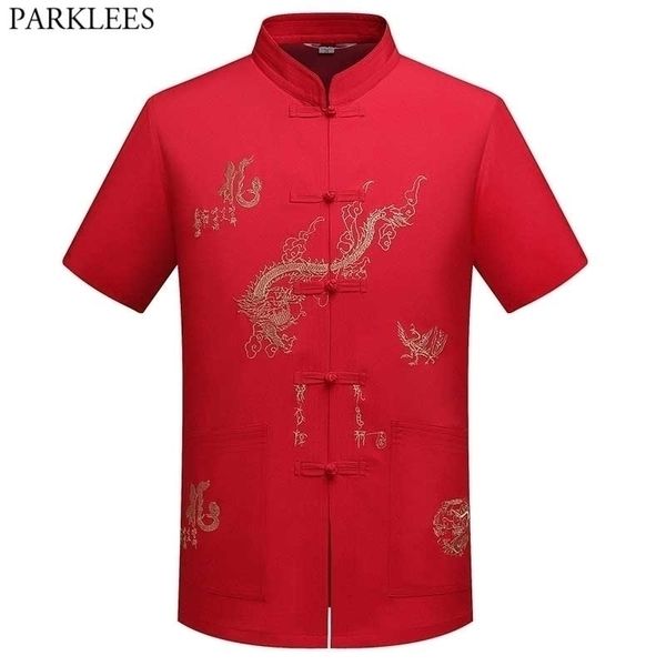 Camisa de lino Tang con bordado de dragón chino para hombre, camisas Hanfu con cuello mandarín para hombre, traje de Tai Chi Wushu, camisa China, ropa roja 210522