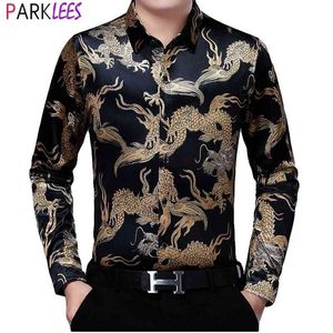 Chinese Dragon Gold Print Fluwelen Shirts Mannen Merk Slanke Fit Velours Mens Jurk Shirts Casual Confortable Chemise Homme 210522